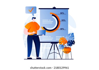 Concepto de análisis de datos con escenas de personas en diseño de caricaturas planas. El hombre monitorea y analiza las estadísticas en el tablero de mandos con gráficos y gráficos usando laptop. Historia visual de ilustración de vector para web