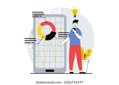 Data analysis concept with people scene in flat design for web. Man working with diagram, finding creative solutions for investment. Vector illustration for social media banner, marketing material.