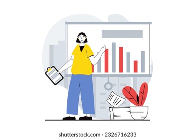 Data analysis concept with people scene in flat design for web. Woman working with charts and making presentation of earnings data. Vector illustration for social media banner, marketing material.