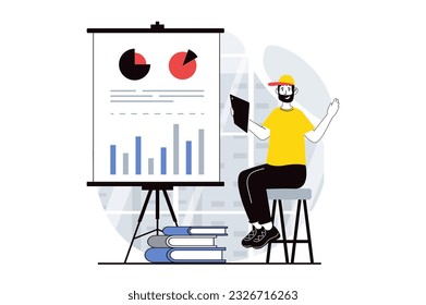 Data analysis concept with people scene in flat design for web. Man consultant working with charts and diagrams for presentation. Vector illustration for social media banner, marketing material.