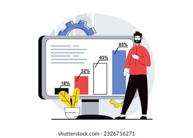 Concepto de análisis de datos con escena de personas en diseño plano para web. Hombre trabajando con gráficos de barras, monitoreando resultados e ingresos contables. Ilustración vectorial para banner de medios sociales, material de marketing.