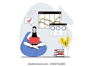 Data analysis concept with people scene in flat design for web. Man working with diagrams and line graphs, making financial research. Vector illustration for social media banner, marketing material.