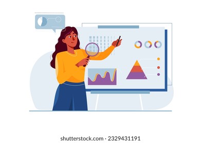 Datenanalyse-Konzept mit Menschen-Szene im flachen Cartoon-Stil. Der Spezialist analysiert die Daten in Diagrammen und Diagrammen. Vektorgrafik.