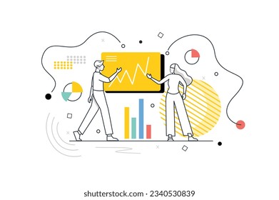 Data analysis concept with people scene in the flat line cartoon style. A team of specialists works with data in the form of tables and charts. Vector illustration.