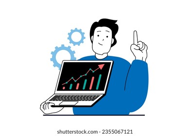 Concepto de análisis de datos con escenas de personas en diseño web plano. El hombre obtiene auditoría de consultoría, obteniendo dinámica positiva y progreso en la gráfica. Ilustración vectorial para banner de medios sociales, material de marketing.