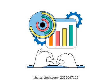 Concepto de análisis de datos con escenas de personas en diseño web plano. Contabilidad y cálculo de datos, investigación de gráficos para la auditoría financiera. Ilustración vectorial para banner de medios sociales, material de marketing.