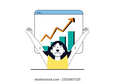 Concepto de análisis de datos con escenas de personas en diseño web plano. Las mujeres hacen auditoría financiera y obtienen una tendencia dinámica positiva en el gráfico. Ilustración vectorial para banner de medios sociales, material de marketing.