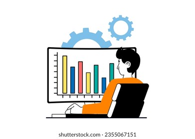 Concepto de análisis de datos con escenas de personas en diseño web plano. Gráfico de resultados de búsqueda de hombres, haciendo auditoría para optimización y mejora. Ilustración vectorial para banner de medios sociales, material de marketing.