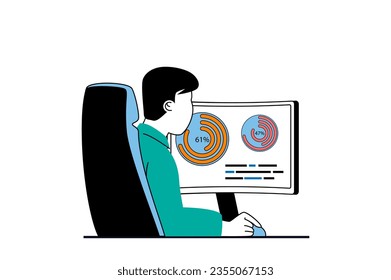 Concepto de análisis de datos con escenas de personas en diseño web plano. Analizar diagramas para informes contables y consultoría financiera. Ilustración vectorial para banner de medios sociales, material de marketing.