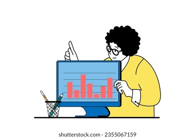 Data analysis concept with people scene in flat web design. Woman analyzing data graphs and working with statistics at computer screen. Vector illustration for social media banner, marketing material.