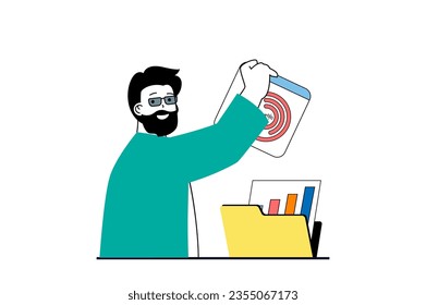 Concepto de análisis de datos con escenas de personas en diseño web plano. El hombre hace auditoría e investigación de mercado, trabajando con gráficos y performances. Ilustración vectorial para banner de medios sociales, material de marketing.