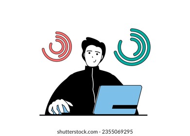 Concepto de análisis de datos con escenas de personas en diseño web plano. Hombre trabajando con bases de datos, estadísticas de computación y gráficos de investigación. Ilustración vectorial para banner de medios sociales, material de marketing.