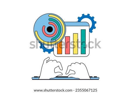 Data analysis concept with people scene in flat web design. Accounting and calculating data, researching graphs for financial audit. Vector illustration for social media banner, marketing material.