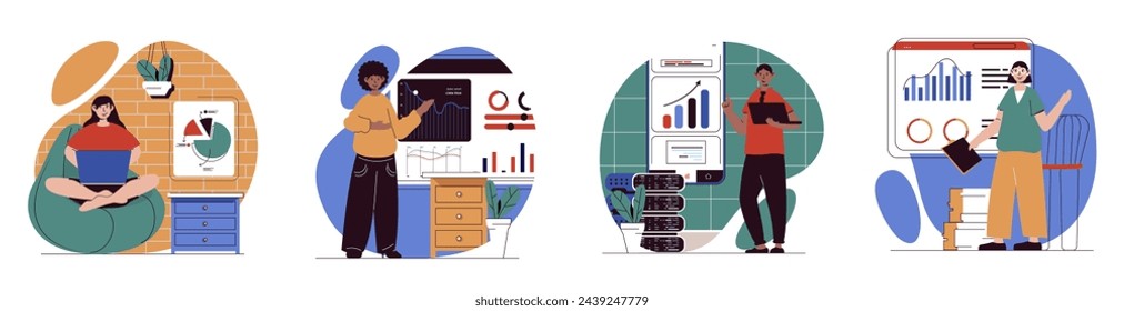 Data analysis concept with people scenes set in flat web design. Bundle of character situations working with database, making analytics, doing marketing or financial research. Vector illustrations.