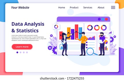 Data Analysis concept, People work in front of a big screen. Auditing, Financial consulting. Modern flat web page design for website and mobile development. Vector illustration
