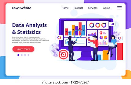 Data Analysis concept, People work in front of a big screen. Auditing, Financial consulting. Modern flat web page design for website and mobile development. Vector illustration