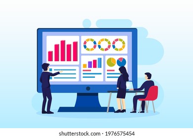Data Analysis concept, People work in front of a big screen. Auditing, Financial consulting. Flat vector template Style Suitable for Web Landing Page, Background.