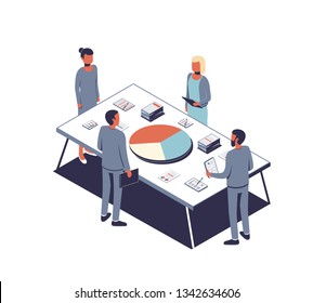 Data Analysis concept and project management, financial analysis, business strategy, teamwork, audit. Isometric men and women work together. Vector illustration isolated on white background.