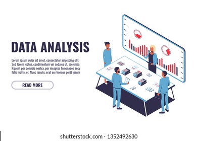 Data Analysis concept and project management, financial analysis, business strategy, teamwork, audit. Isometric men and women work together. Vector illustration isolated on white background.