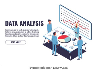 Data Analysis concept and project management, financial analysis, business strategy, teamwork, audit. Isometric men and women work together. Vector illustration isolated on white background.