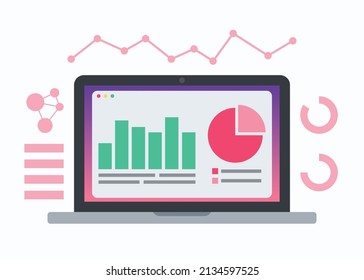 data analysis concept. Statistic, chart and graph on laptop display. Business infographics data visualization. Flat vector illustration.