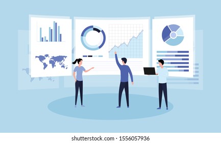 Data analysis concept. Teamwork of business analysts on holographic charts and diagrams of sales management statistics and operational reports, key performance indicators. Flat vector illustration