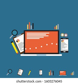 Data analysis concept. Teamwork of business analysts on holographic charts and diagrams of sales management statistics and operational reports, key performance indicators. Flat vector illustration