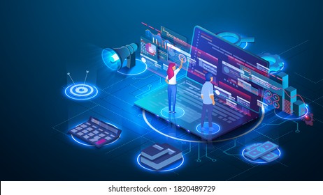 Data analysis concept. Teamwork of business analysts on holographic charts and diagrams of sales management statistics and operational reports. Can use for web banner, infographics. Vector isometric