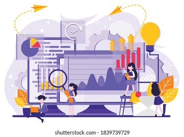 Data analysis concept. Teamwork of business analysts on holographic charts and diagrams of sales management statistics and operational reports, key performance indicators. tiny people illustration