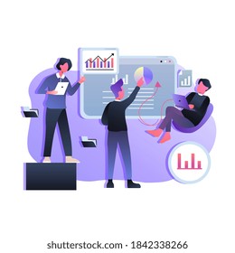 Concepto de análisis de datos. Trabajo en equipo de analistas de negocios sobre gráficos holográficos y diagramas de estadísticas de gestión de ventas e informes operacionales, indicadores clave de rendimiento. Ilustración vectorial plana