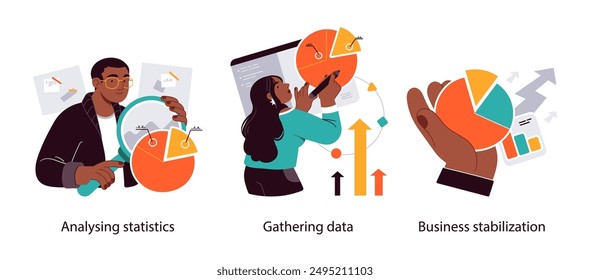 Data analysis concept. Teamwork of business analysts charts and diagrams of sales and operational reports - set of business concept illustrations. Visual stories collection.