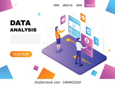 Data analysis concept. Teamwork isometric vector illustration with people.