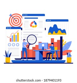 Data analysis concept with tiny character. Teamwork of business analysts charts and diagrams of sales management statistics and operational reports flat vector illustration. Finance report metaphor.