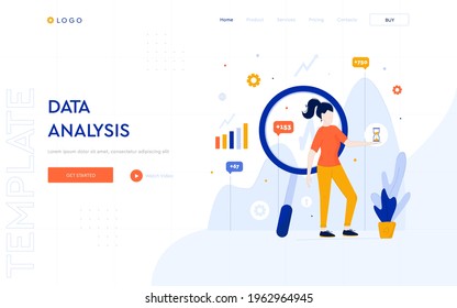 Data analysis concept website template. The girl analyzes the data and makes graphs and charts. Digital business illustrations