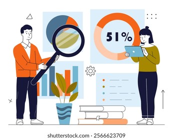 Data analysis concept. Woman and man with magnifying glass near graphs and diagrams. Statistics and infographics. Business optimization and development. Linear vector illustration