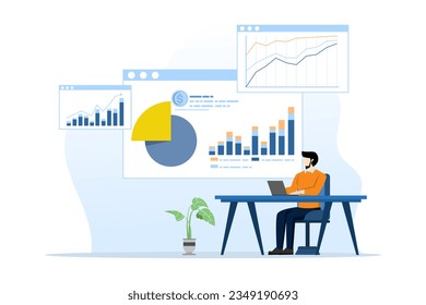 data analysis concept, working businessman reporting analytical data and monitoring financial investment charts, business marketing planning with online technology working smart. vector illustration.