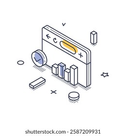 Data analysis concepts with a chart and various graphical elements. The design highlights analytics through an engaging infographic style. Modern isometric line art vector illustration