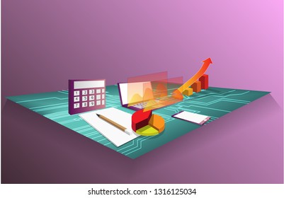 Data analysis concept,technology digital business finance graphics design,isometric shape,vector art and illustration.mobile,computer,chart graph,paper and pen,calculator on circuit board.