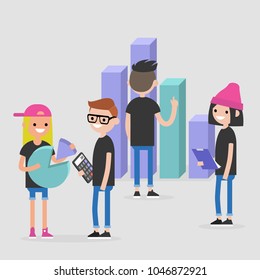 Data analysis conceptual illustration. International millennial team. Flat editable vector, clip art