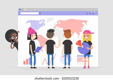 Data analysis conceptual illustration. Young character standing in front of the browser with charts and infographics. Information. International millennial team. Flat editable vector, clip art