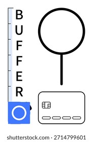 Análisis de datos, hábitos de consumo, medición, seguridad, presupuesto, gestión financiera. Ilustración de concepto de lupa, tarjeta de crédito y búfer. Análisis de datos y visualización de seguridad