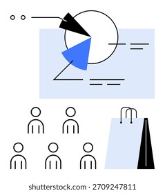 Data analysis, customer insights, marketing strategies, consumer behaviors, shopping trends, retail business. Diagram with pie chart, stick figures shopping bag. Data analysis and customer insights