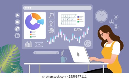 Data analysis dashboard concept. A woman working on a laptop, analyzing statistics, and graphs on a futuristic interface. Vector illustration for business intelligence, financial trading, and big data