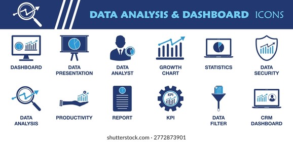 Data Analysis and Dashboard Icon Set. Collection of Productivity, Presentation, Report, Analyst, Growth Chart, Statistics, KPI, CRM and More Icons. Editable Flat Vector Illustration.