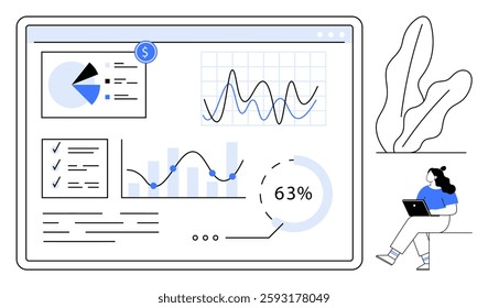 Data analysis dashboard with pie chart, line graphs, checklists, and percentage metrics. Female character with laptop. Ideal for business analytics, data science, financial analytics, project