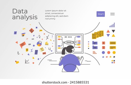 Data analysis, database structure. Young woman sitting in front big computer monitor sorting information. Female working using digital mind map. Charts, analyzing vector illustration. Design template