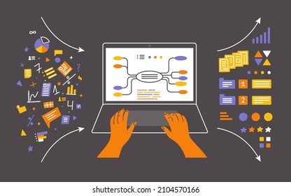 Data analysis, database visualization. Human hands on laptop keyboard. Person working sorting information using digital mind map. Input output data, charts, analyzing, infographic vector illustration