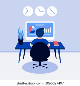 Data analysis design concept. Analyst working. Man, laptop screen with data analysis graphs ansd charts. Trendy flat style. Vector illustration.