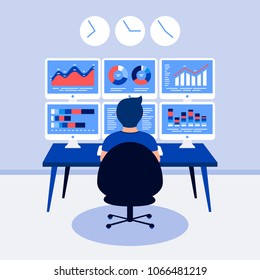 Data analysis design concept. Analyst, trader working. Man, 6 laptop screen with data analysis graphs ansd charts. Trendy flat style. Vector illustration.