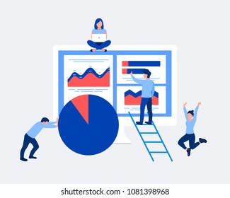 Data Analysis Design Concept. Analysts Working. Small People And Laptop Screen With Data Analysis Graphs Ansd Charts. Trendy Flat Style. Vector Illustration.